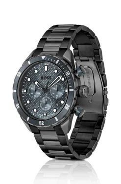 BOSS Chronomatix schwarz beschichtete Armbanduhr mit Monogramm-Struktur auf dem Zifferblatt