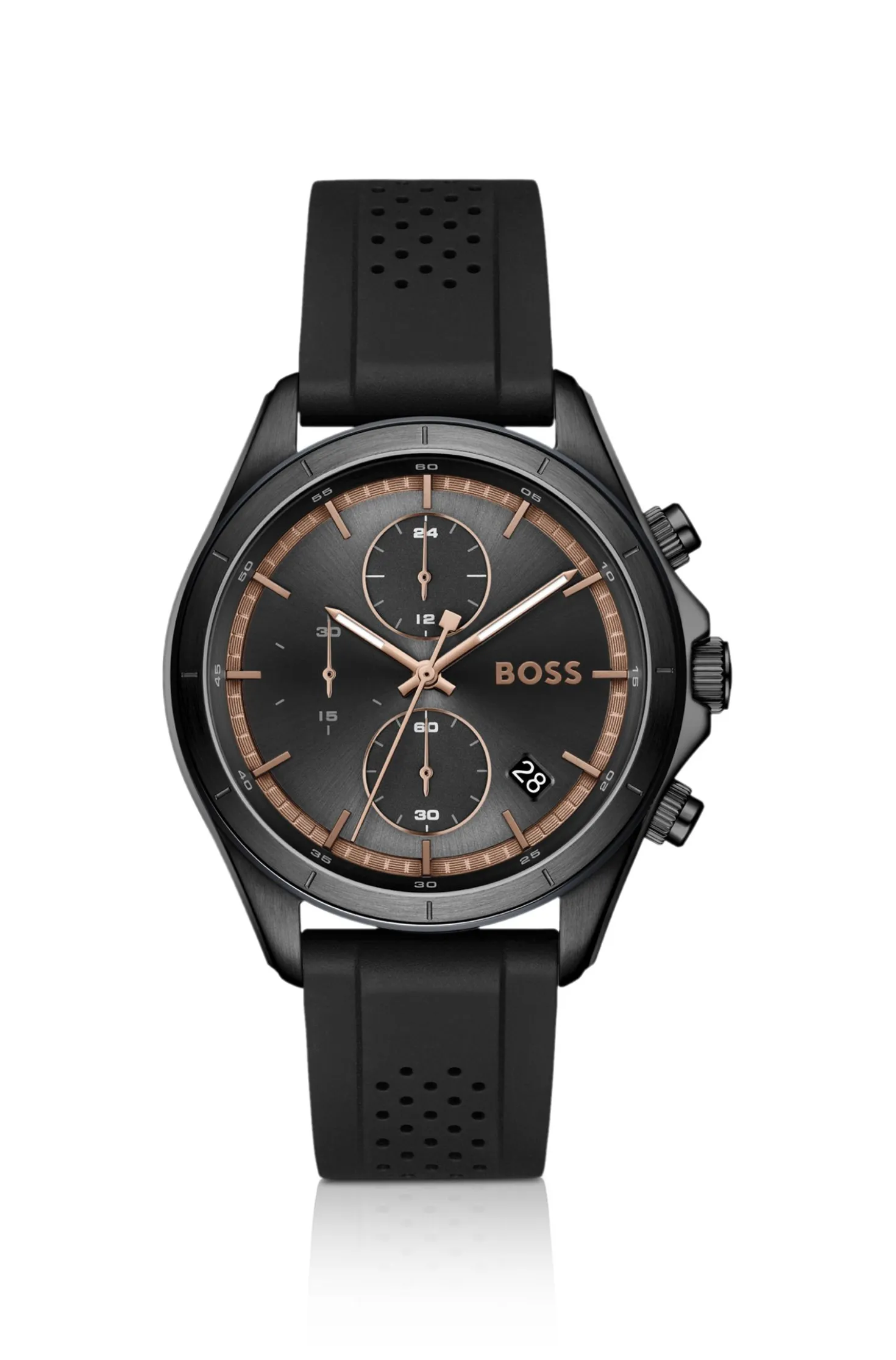 BOSSLETIC schwarz beschichtete Uhr mit perforiertem Silikonarmband