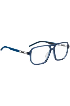 Brillenfassung aus blauem Acetat mit ausgestanztem Logo