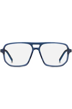 Brillenfassung aus blauem Acetat mit ausgestanztem Logo