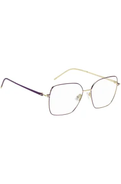Brillenfassung aus goldfarbenem Stahl mit violetten Details