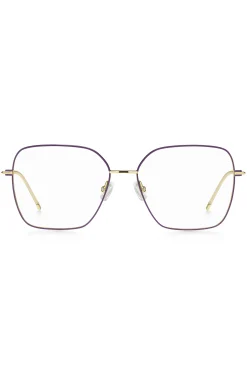 Brillenfassung aus goldfarbenem Stahl mit violetten Details