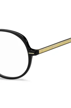 Brillenfassung aus schwarzem Acetat mit goldfarbenen Details