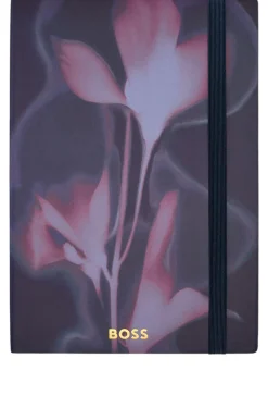 Dunkelblaues A5-Notizbuch mit floralem Print und Folien-Logo