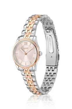 Elegante zweifarbige Uhr mit rosafarbenem Zifferblatt im Sonnenschliff