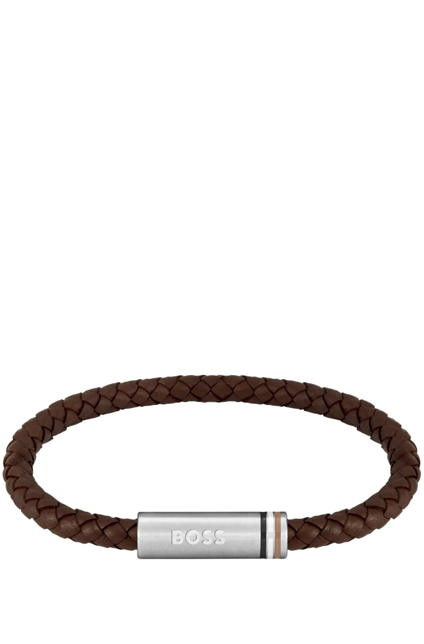 Geflochtenes braunes Lederarmband mit Logo auf dem Magnetverschluss