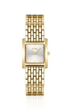 Goldfarbene Uhr mit quadratischem Gehäuse