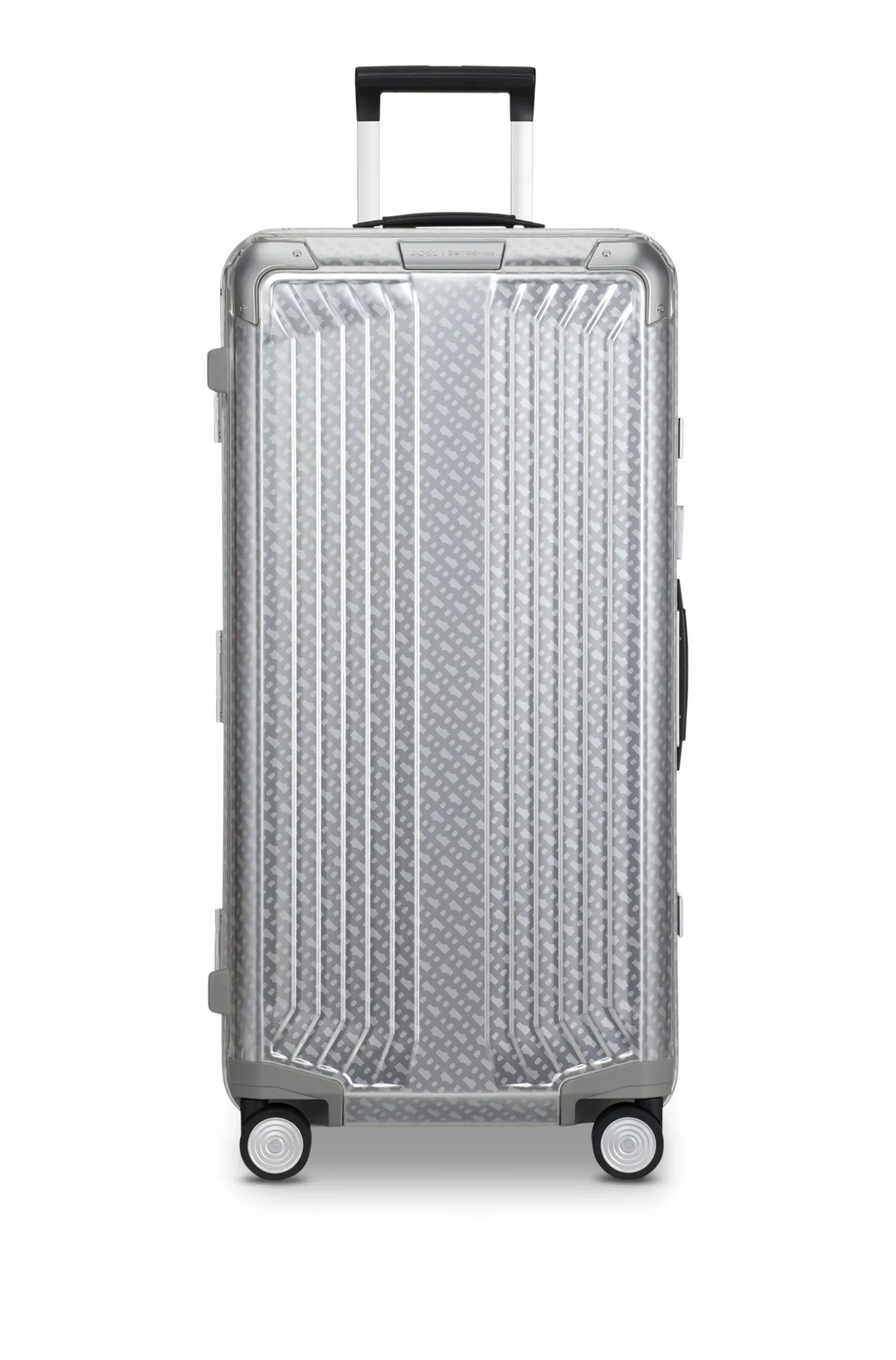 Großer BOSS x Samsonite Koffer aus silberfarbenem Aluminium 80 cm