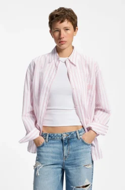 Oversized-Fit Bluse aus gestreifter Baumwolle mit Happy HUGO Logo