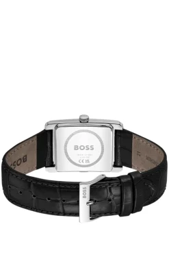 PRINCIPLE DRESS Uhr mit schwarzem Zifferblatt und Lederarmband mit Alligator-Prägung