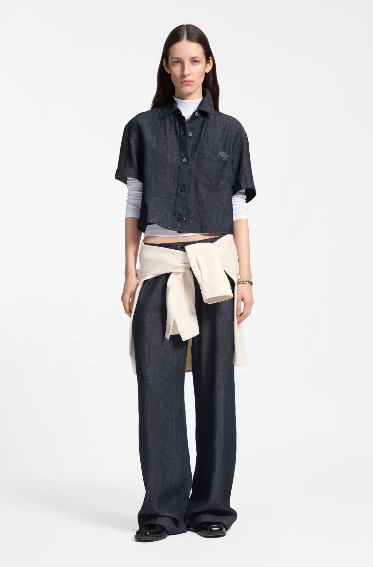 Relaxed-Fit Bluse aus leichtem Denim in Cropped-Länge