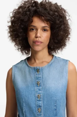 Ärmellose Regular-Fit Bluse aus Denim mit Schößchen