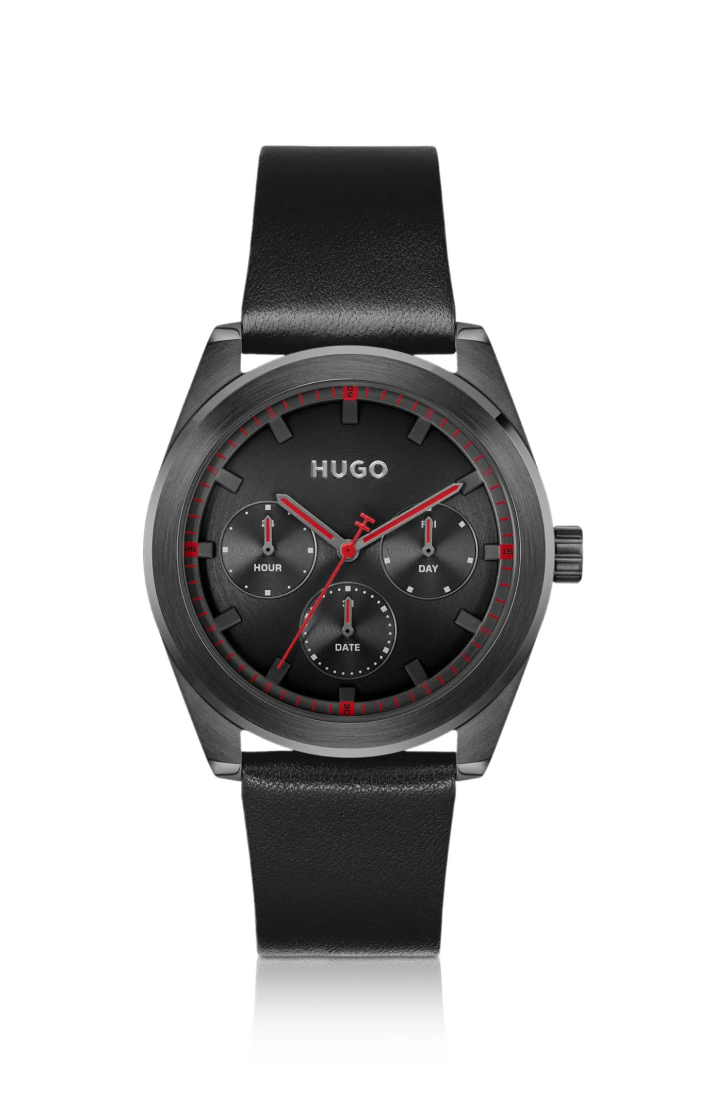 Schwarze beschichtete Uhr mit tonalem Lederarmband