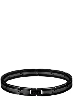 Schwarzes Armband aus rostfreiem Stahl mit Streifen und Logo-Schließe