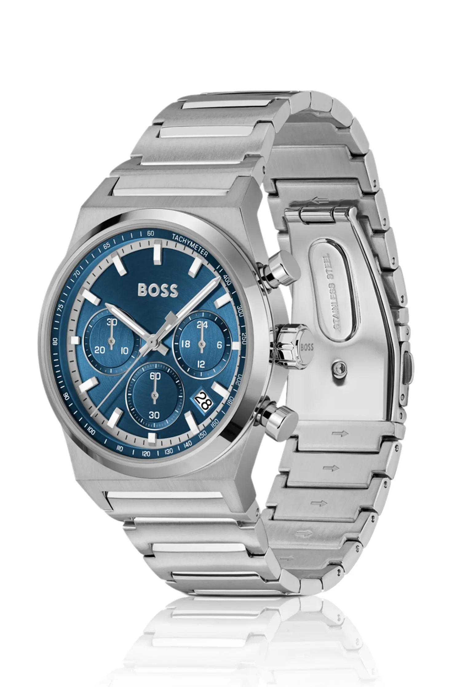 Silberfarbener Chronograph mit blauem Zifferblatt