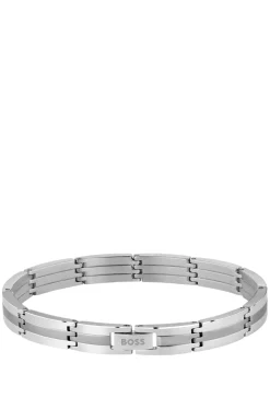 Silberfarbenes Armband mit Streifen-Muster und Logo-Schließe
