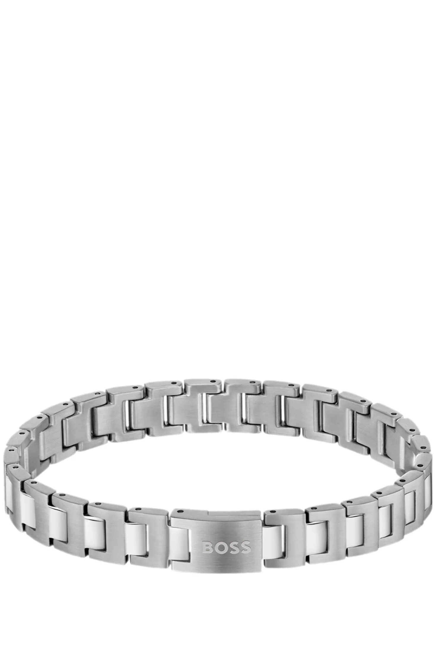 Silberfarbenes Gliederarmband mit Logo am Verschluss