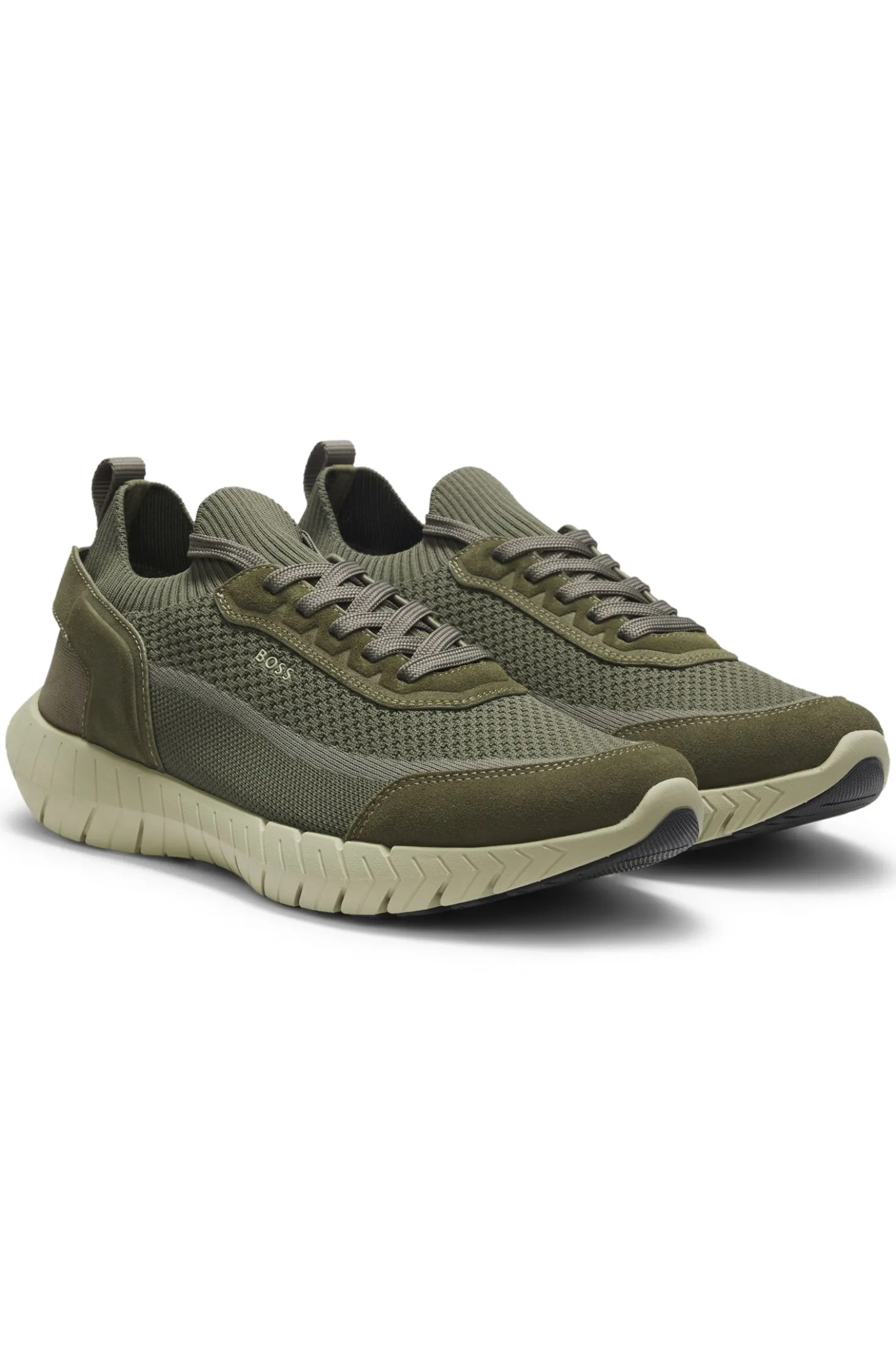Sneakers aus Veloursleder mit Stricksocke und Schnürung