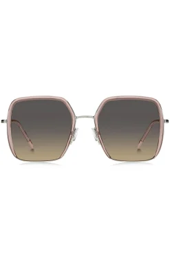 Sonnenbrille aus rosafarbenem Acetat mit silberfarbenem Edelstahl