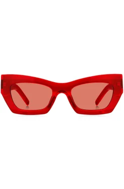 Sonnenbrille aus rotem Acetat mit charakteristischen Metalldetails