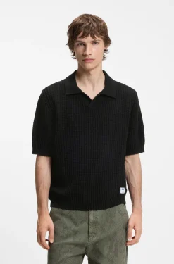 Strick-Poloshirt mit Waffelstruktur und Johnny-Kragen
