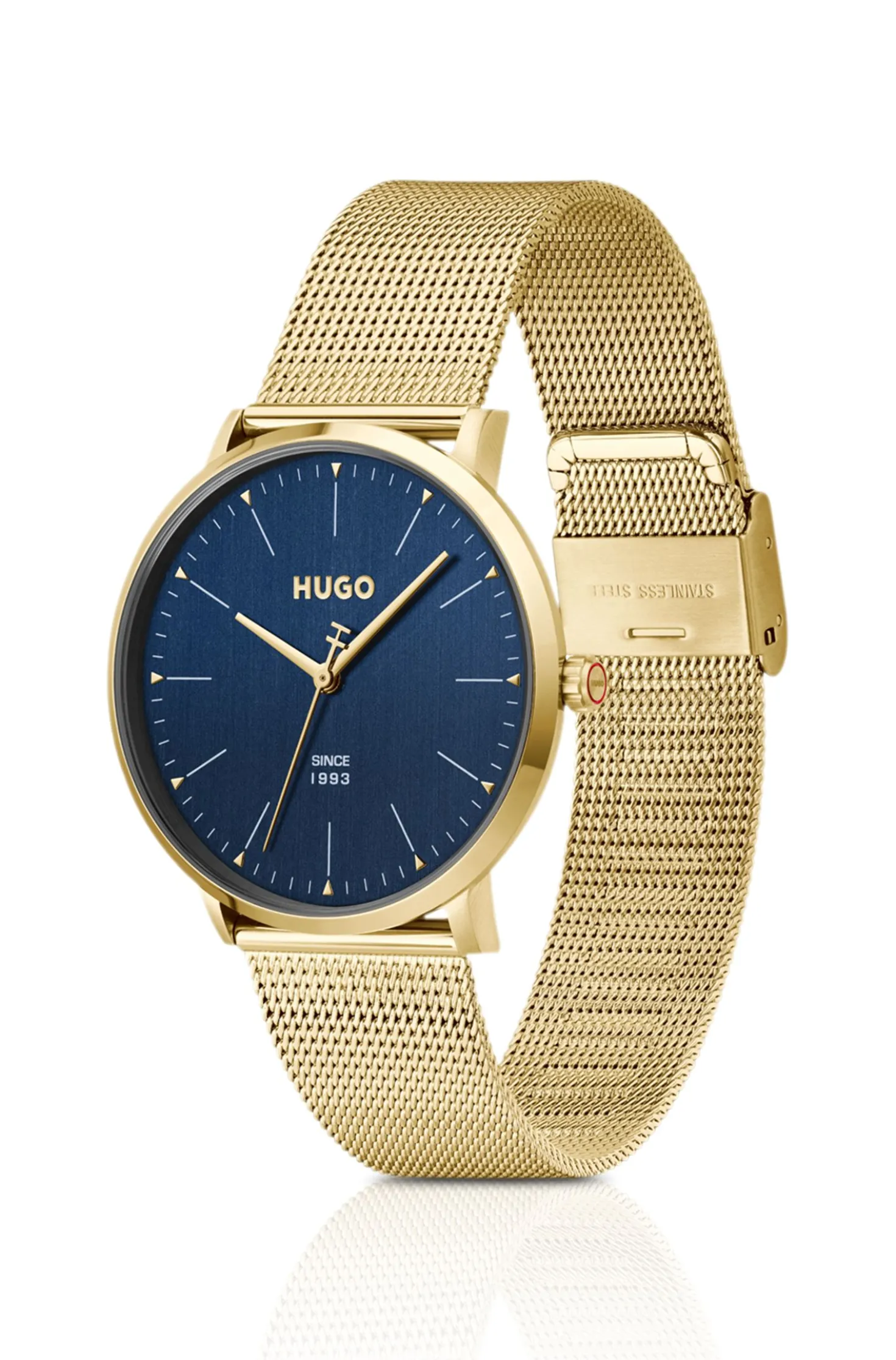 #Style 3-Zeiger-Uhr mit Mesh-Armband und blauem Zifferblatt