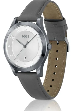 THREEHAND Grau beschichtete Uhr mit Lederarmband