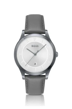 THREEHAND Grau beschichtete Uhr mit Lederarmband