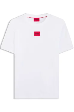 T-Shirt aus Baumwolle mit rotem gewebtem Logo-Label