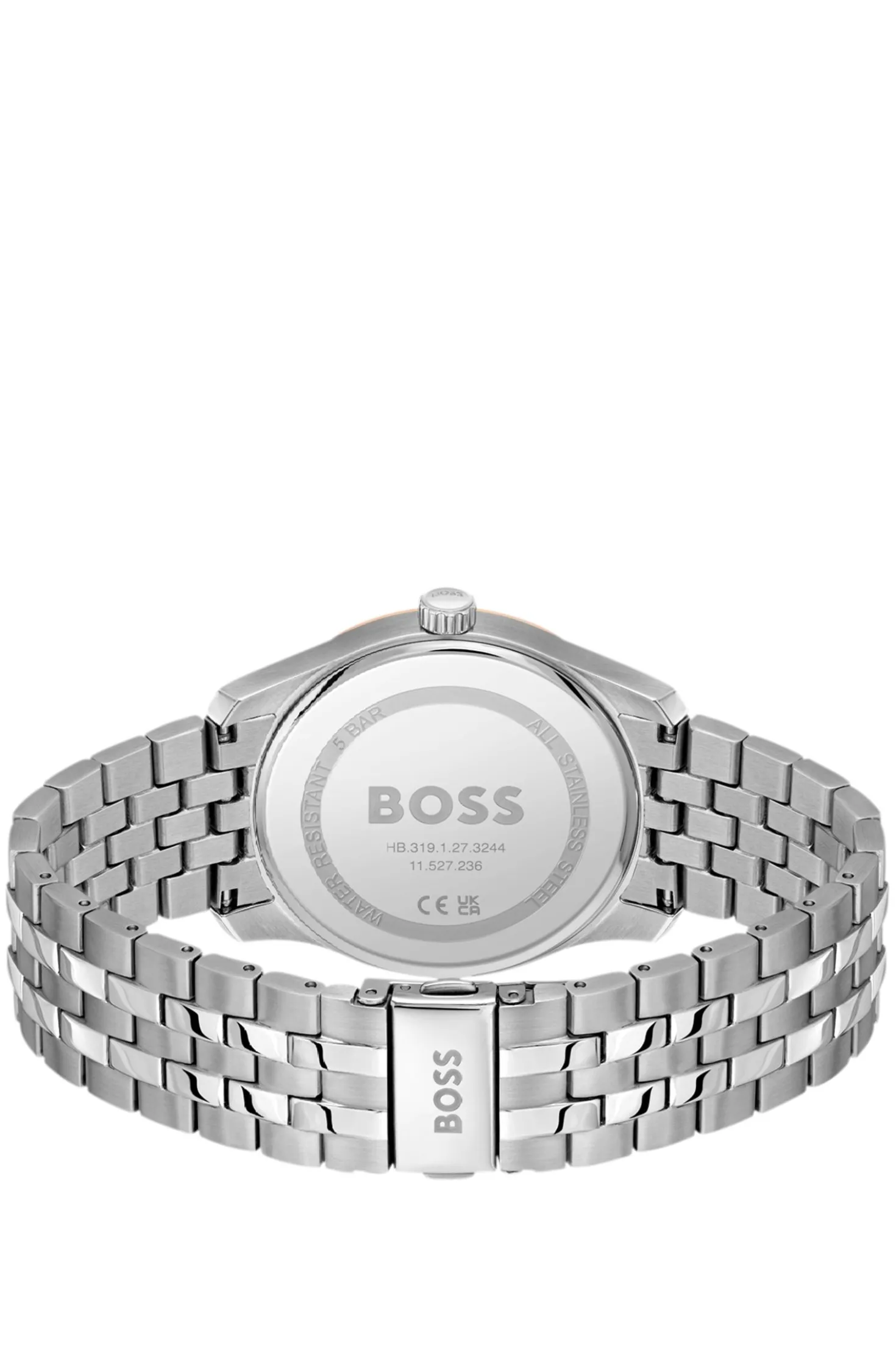 Uhr mit grauem, strukturiertem Zifferblatt und Gliederarmband