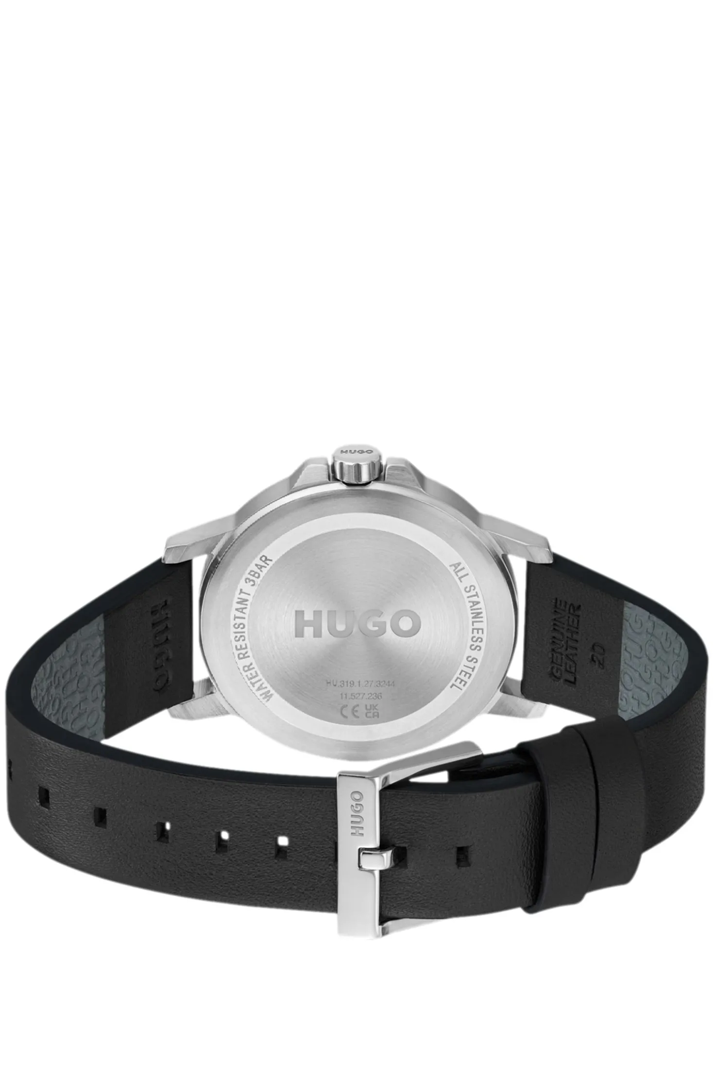 Uhr mit schwarzem Zifferblatt und Lederarmband